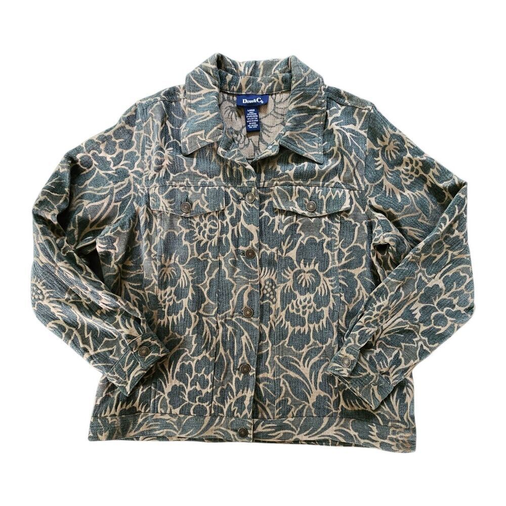Denim & Co Olive Green Floral Print Tapestry Trucker Jacket Size L Boho Pockets